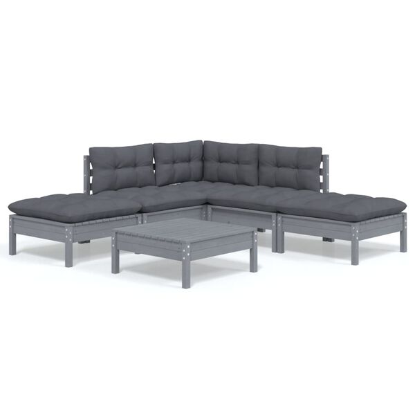 vidaXL lounges&aelig;t til haven 6 dele med hynder fyrretr&aelig; gr&aring;