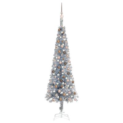 vidaXL kunstigt smalt juletræ med lys og kuglesæt 180 cm sølvfarvet