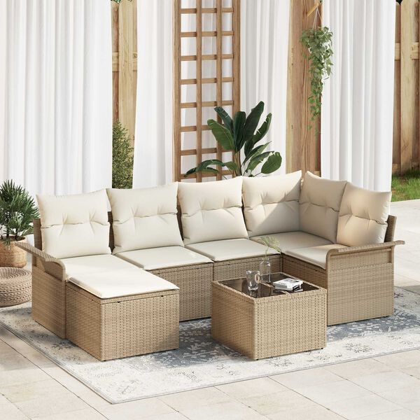 vidaXL Havesofa S&aelig;t med opbevaring 7 pcs Beige polyrattan