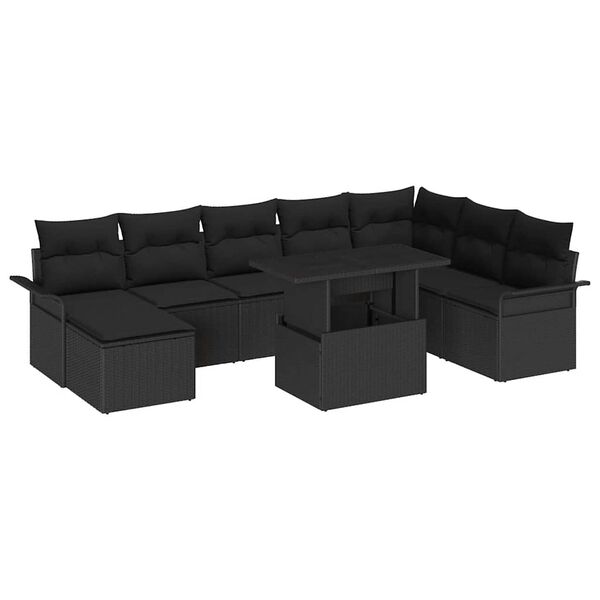 vidaXL Havesofa S&aelig;t med pude 9 pcs Sort polyrattan