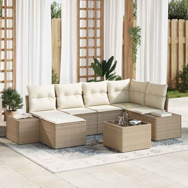 vidaXL Havesofa Sæt med pude 7 pcs Beige og creme polyrattan