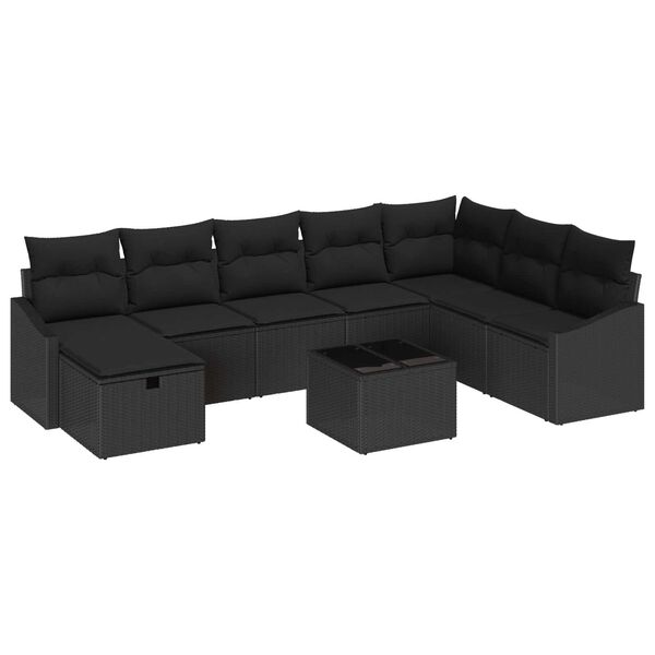 vidaXL Havesofa S&aelig;t med pude 9 pcs Sort Poly rattan