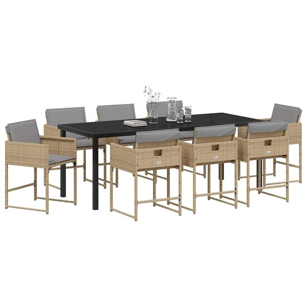 vidaXL Have Spisebordss&aelig;t med pude 9 pcs Beige polyrattan