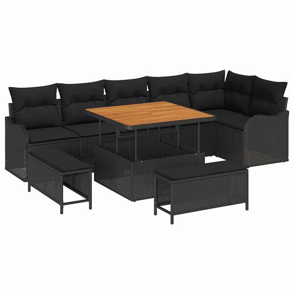 vidaXL Havesofa S&aelig;t med pude 9 pcs Sort polyrattan