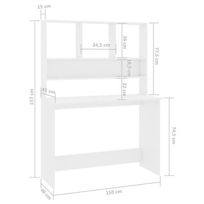 vidaXL skrivebord m. hylder 110x45x157cm konstrueret træ hvid højglans