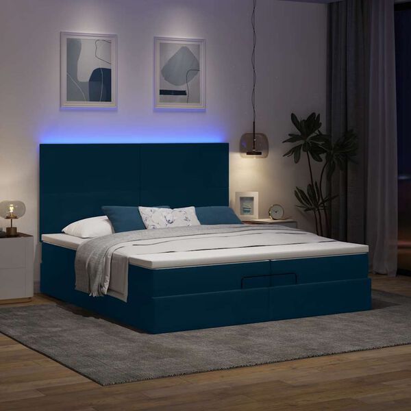 vidaXL Ottoman seng med madrasser & LEDs M&oslash;rkebl&aring; 200x200cm Fl&oslash;jl