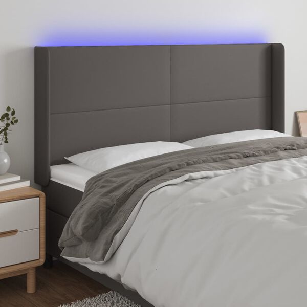 vidaXL sengegavl med LED-lys 203x16x118/128 cm kunstl&aelig;der gr&aring;