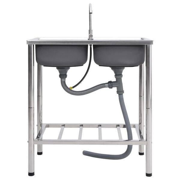 vidaXL campingvask med hane dobbeltvask rustfrit st&aring;l