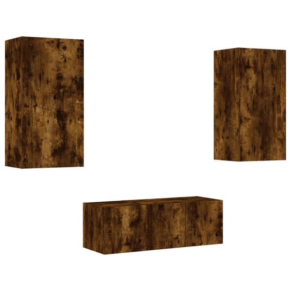 vidaXL tv-m&oslash;bel til v&aelig;g 4 dele med LED-lys konstrueret tr&aelig; r&oslash;get eg