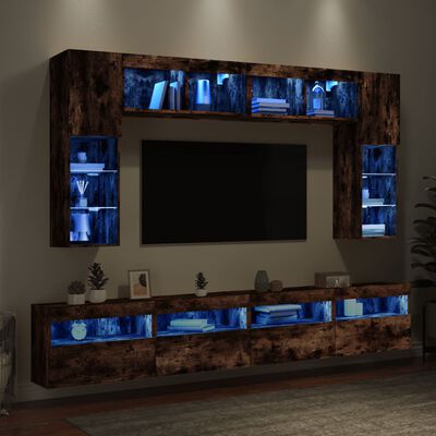 vidaXL væghængt tv-møbel 8 dele med LED-lys røget egetræsfarve