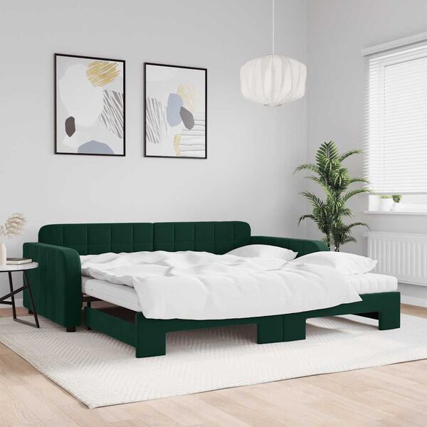 vidaXL daybed med udtr&aelig;k og madras 100x200 cm velour m&oslash;rkegr&oslash;n