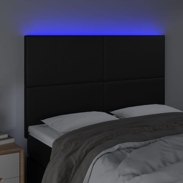 vidaXL sengegavl med LED-lys 144x5x118/128 cm kunstlæder sort