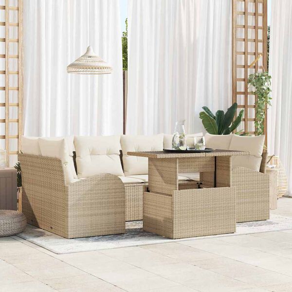 vidaXL Havesofa S&aelig;t med pude med opbevaring 7 pcs Beige Poly Rattan