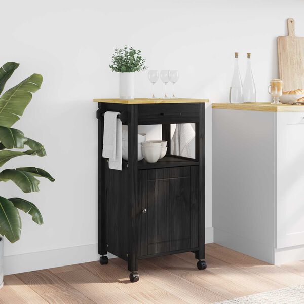 vidaXL K&oslash;kkenvogn Sort 88,5 x 40 x 48 cm Massivt fyrretr&aelig;