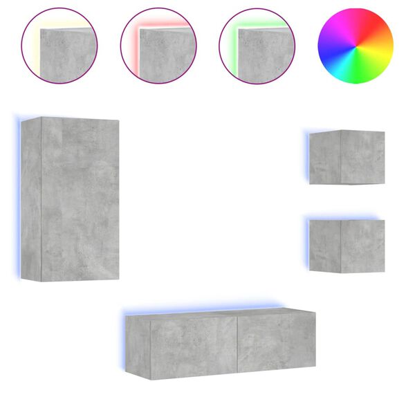 vidaXL tv-m&oslash;bel til v&aelig;g med LED-lys 4 dele betongr&aring;