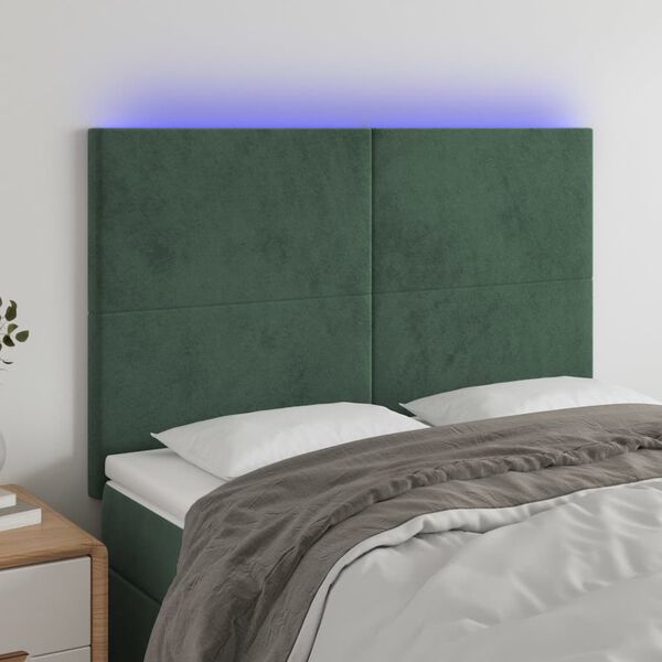 vidaXL sengegavl med LED-lys 144x5x118/128 cm fl&oslash;jl m&oslash;rkegr&oslash;n