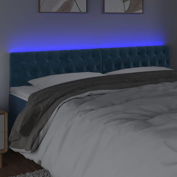 vidaXL sengegavl med LED-lys 200x7x78/88 cm velour m&oslash;rkebl&aring;