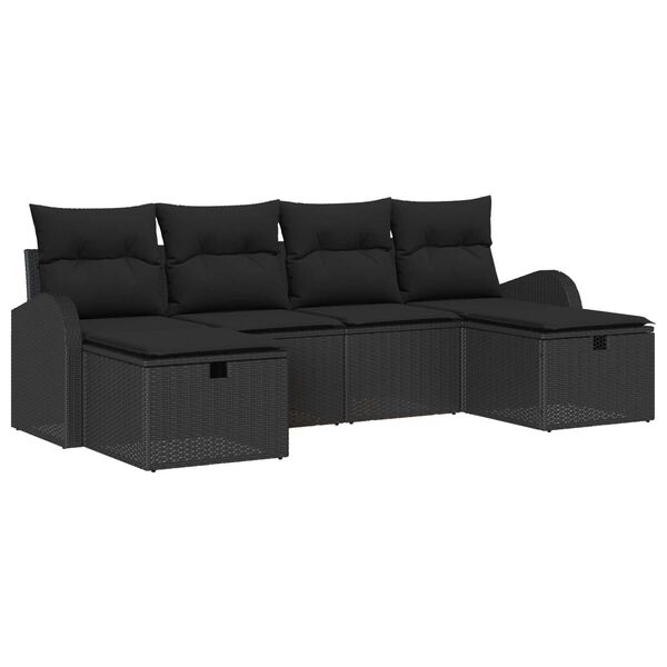 vidaXL Havesofa S&aelig;t med pude med opbevaring 6 pcs Sort polyrattan