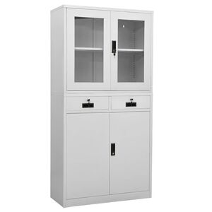 vidaXL kontorskab 90x40x180 cm st&aring;l og h&aelig;rdet glas lysegr&aring;