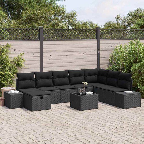 vidaXL Havesofa S&aelig;t med pude 9 pcs Sort Poly rattan