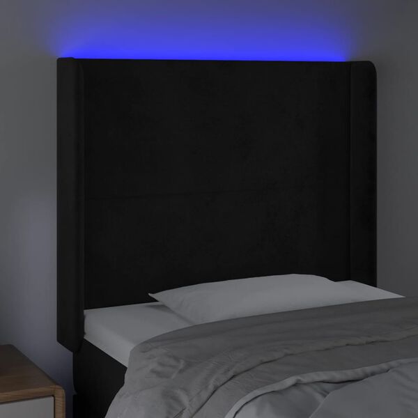 vidaXL sengegavl med LED-lys 83x16x118/128 cm fl&oslash;jl sort