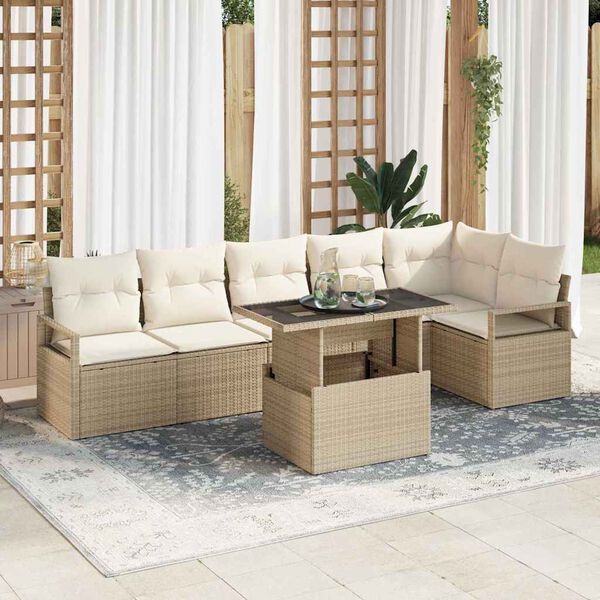 vidaXL Havesofa Sæt med pude 7 pcs Beige Poly rattan