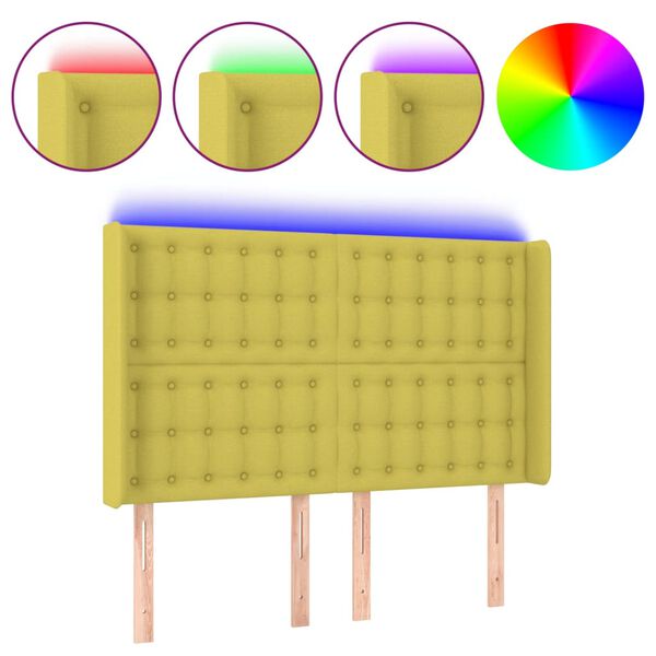 vidaXL sengegavl med LED-lys 147x16x118/128 cm stof m&oslash;rkegr&oslash;n