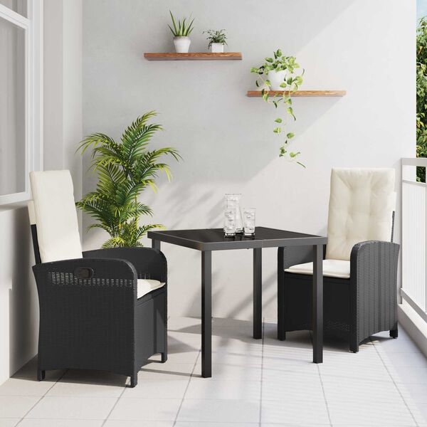 vidaXL Have Spisebordss&aelig;t med pude 3 pcs Sort polyrattan