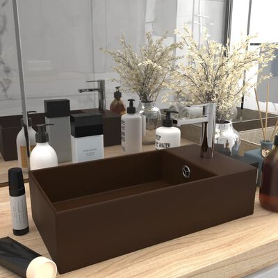 vidaXL håndvask med overløb til badeværelse keramik mørkebrun