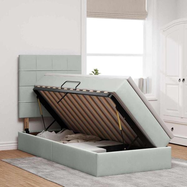 vidaXL Seng med opbevaring og madras Lysegr&aring; 90 x 190 cm Fl&oslash;jl