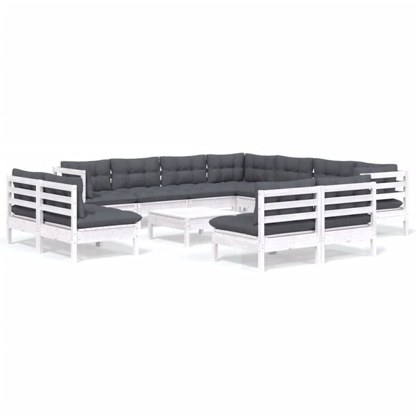 vidaXL loungesæt til haven 12 dele med hynder massivt fyrretræ hvid