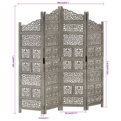 vidaXL 4-panels rumdeler håndskåret 160x165 cm massivt mangotræ grå