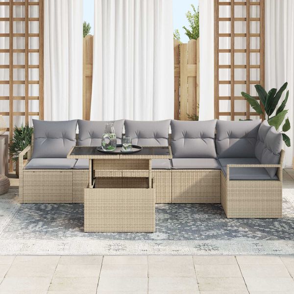 vidaXL Havesofa S&aelig;t med opbevaring 7 pcs Beige Poly rattan