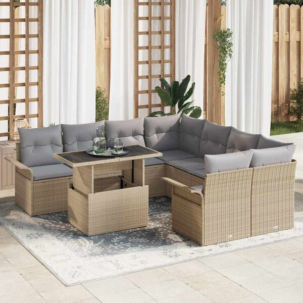 vidaXL Havesofa S&aelig;t med pude med opbevaring 9 pcs Beige Poly Rattan