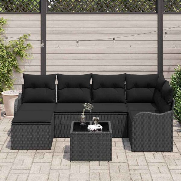 vidaXL Havesofa S&aelig;t med pude 7 pcs Sort Poly rattan