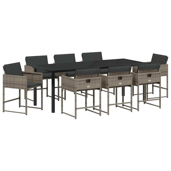 vidaXL Have Spisebordss&aelig;t med pude 9 pcs Gr&aring; polyrattan