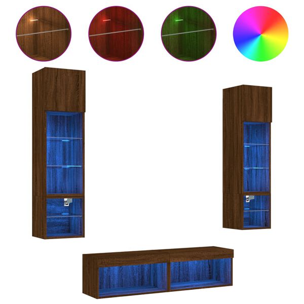 vidaXL tv-m&oslash;bel til v&aelig;g 6 dele med LED-lys konstrueret tr&aelig; brunt eg