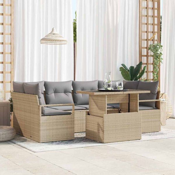 vidaXL Havesofa S&aelig;t med opbevaring med pude 7 pcs Beige polyrattan