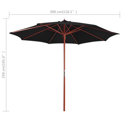 vidaXL parasol med træstang 300x258 cm sort