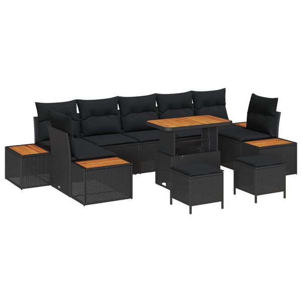 vidaXL Havesofa S&aelig;t med pude 10 pcs Sort Poly rattan