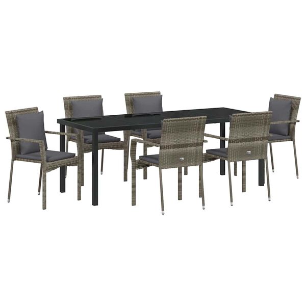 vidaXL Have Spisebordssæt med pude 7 pcs Grå polyrattan