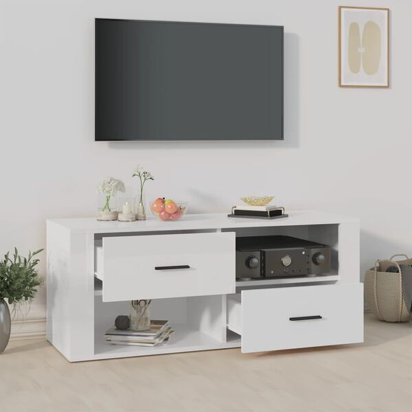 vidaXL tv-bord 100x35x40 cm konstrueret tr&aelig; hvid h&oslash;jglans