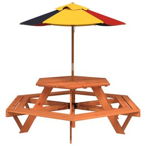 vidaXL picnicbord til 6 b&oslash;rn m. parasol sekskantet massivt grantr&aelig;