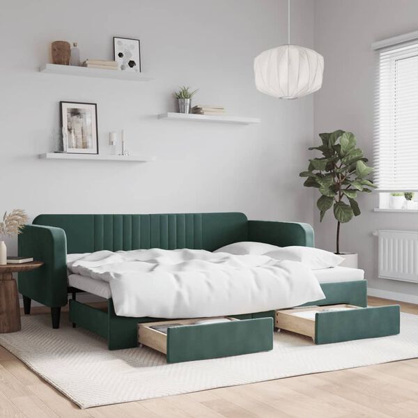 vidaXL daybed med udtræk og skuffer 80x200 cm velour mørkegrøn