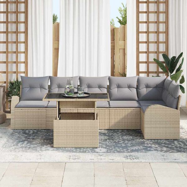 vidaXL Havesofa S&aelig;t med pude 7 pcs beige og lysegr&aring; polyrattan