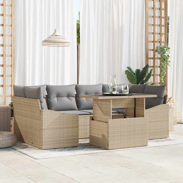 vidaXL Havesofa S&aelig;t med pude med opbevaring 7 pcs Beige polyrattan