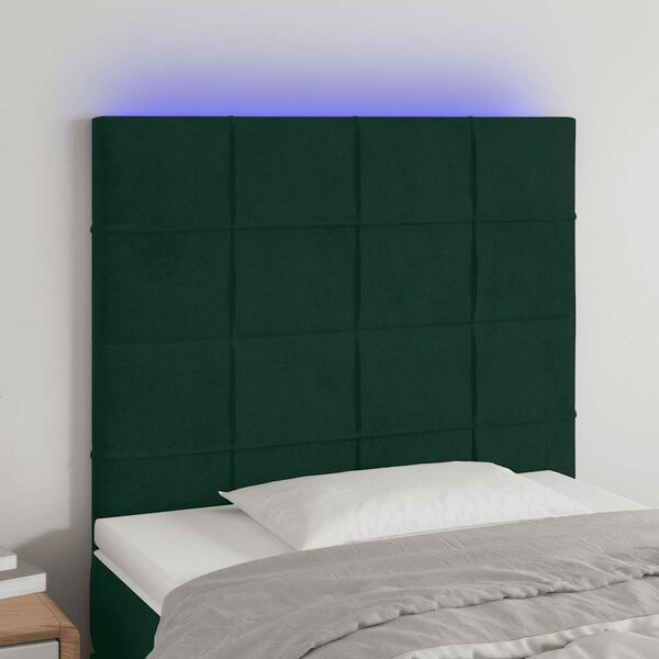 vidaXL sengegavl med LED-lys 80x5x118/128 cm fl&oslash;jl m&oslash;rkegr&oslash;n