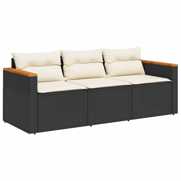 vidaXL 3-personers havesofa med hynder polyrattan sort