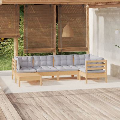 vidaXL loungesæt til haven 6 dele med grå hynder massivt fyrretræ