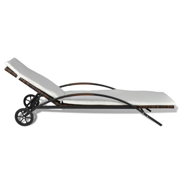 vidaXL liggestol med hynde & hjul polyrattan brun